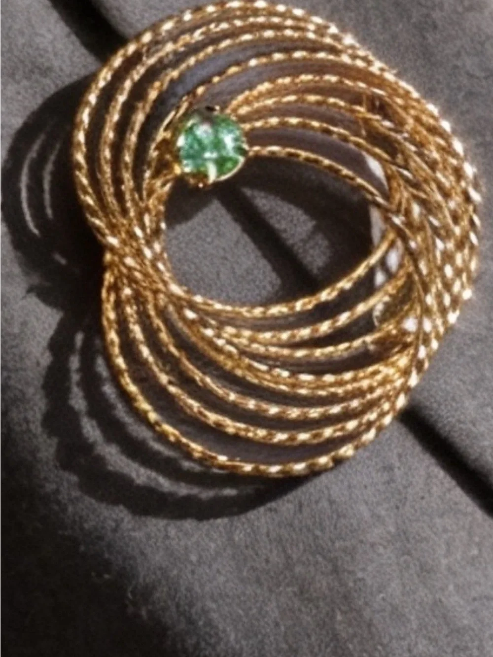 Gold Spiral Multi-Bangle Brooch with Green Stone Accent